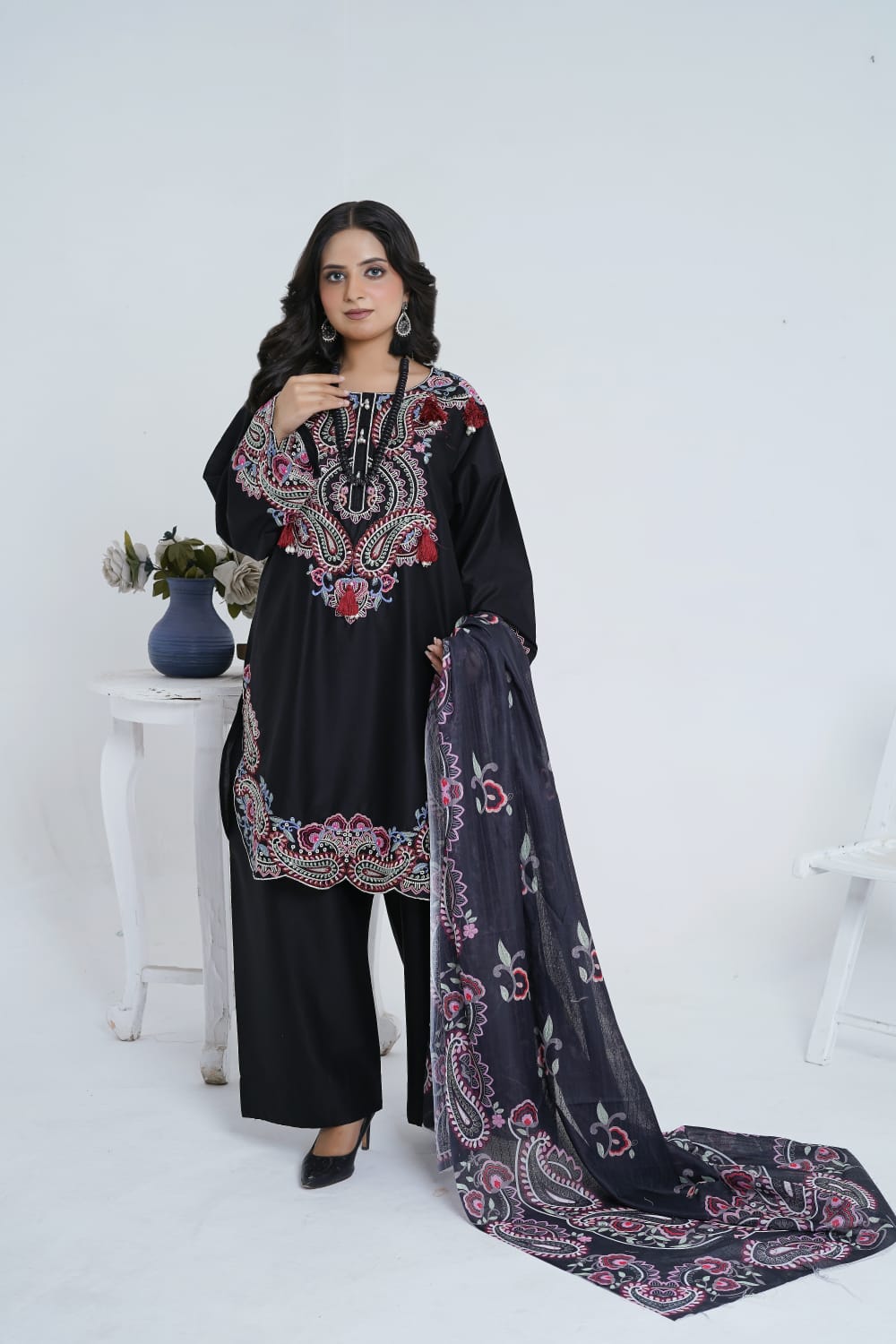 Black Kashmiri Embroidered 3-Piece Festive Suit