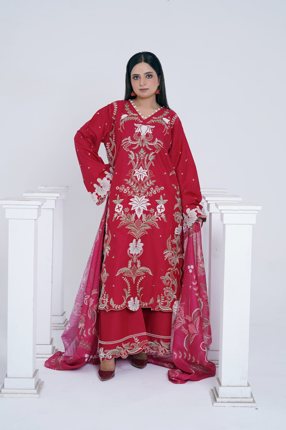 Crimson Red Embroidered Cotton 3-Piece Suit with Printed Dupatta