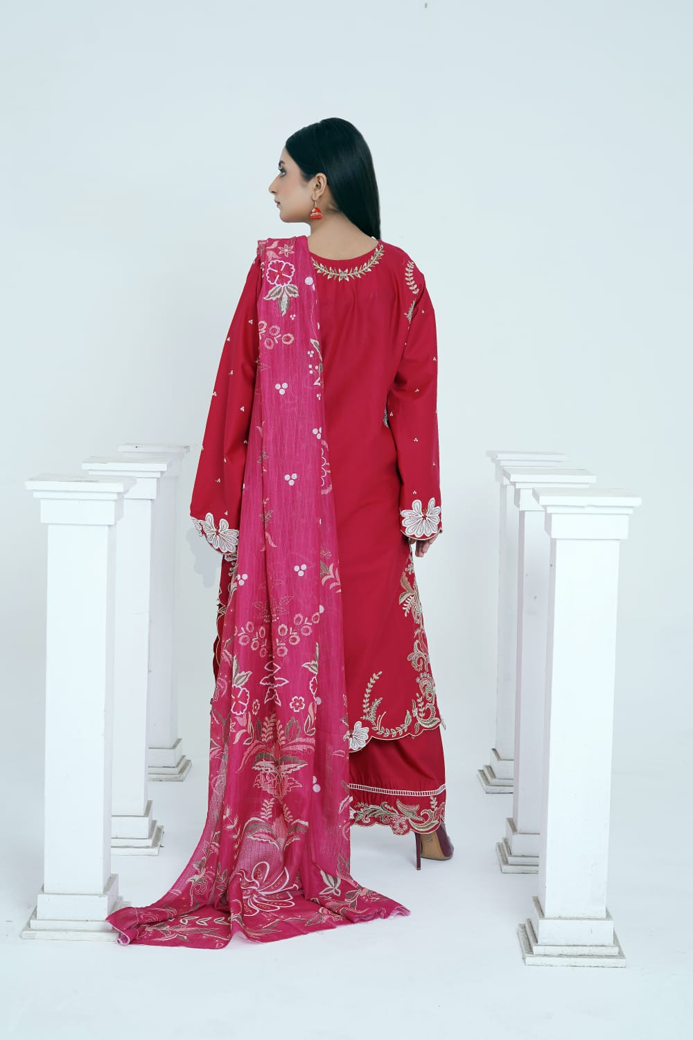 Crimson Red Embroidered Cotton 3-Piece Suit with Printed Dupatta