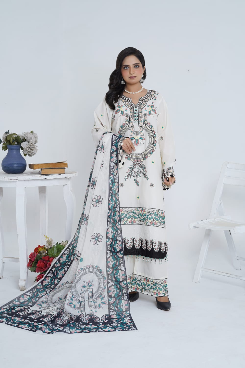 Off-White Embroidered Cotton 3-Piece Suit with Printed Dupatta