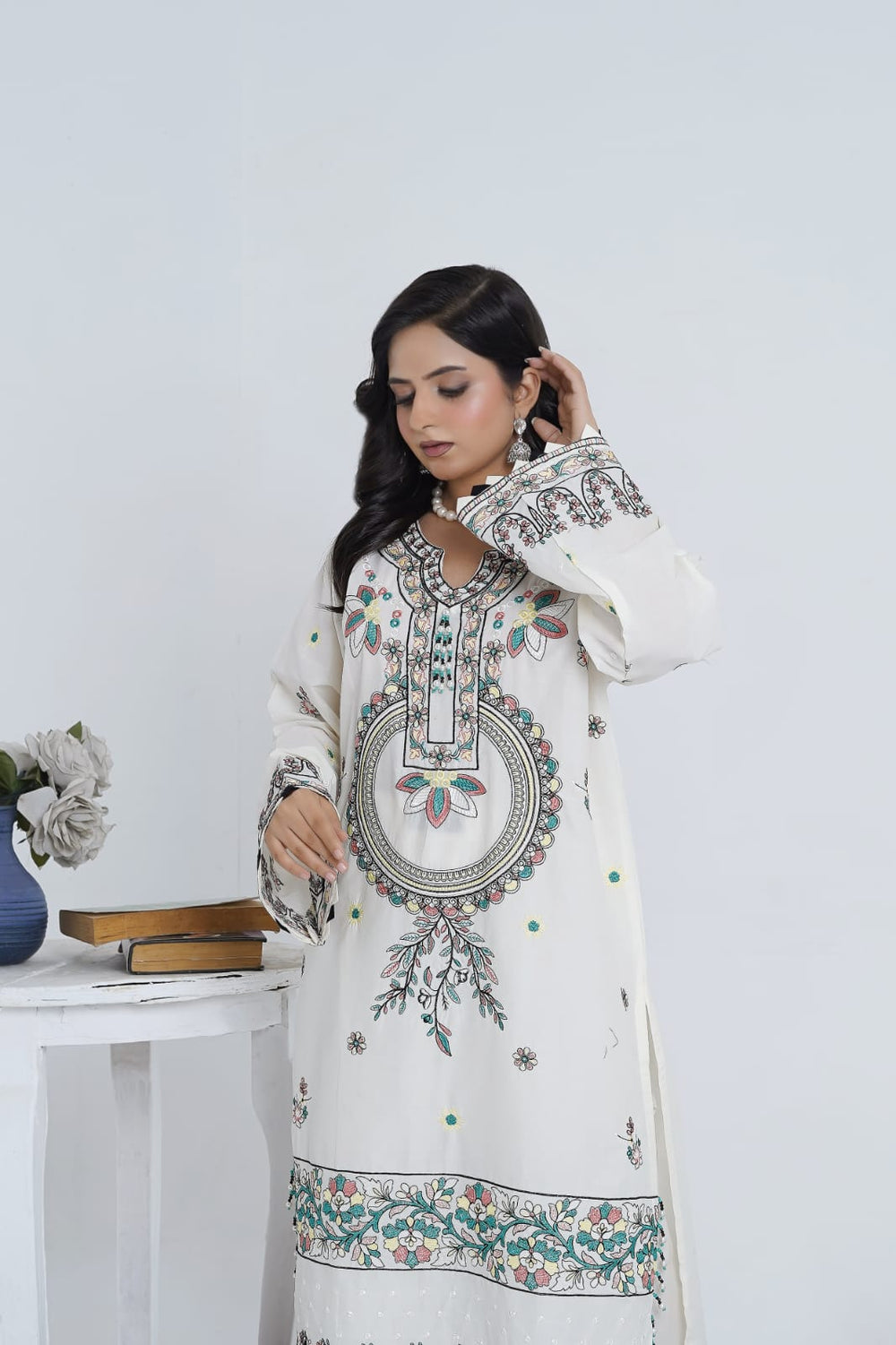 Off-White Embroidered Cotton 3-Piece Suit with Printed Dupatta