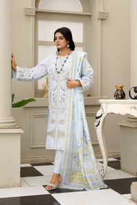 Ice Blue Botanical Embroidered Cotton 3-Piece Suit