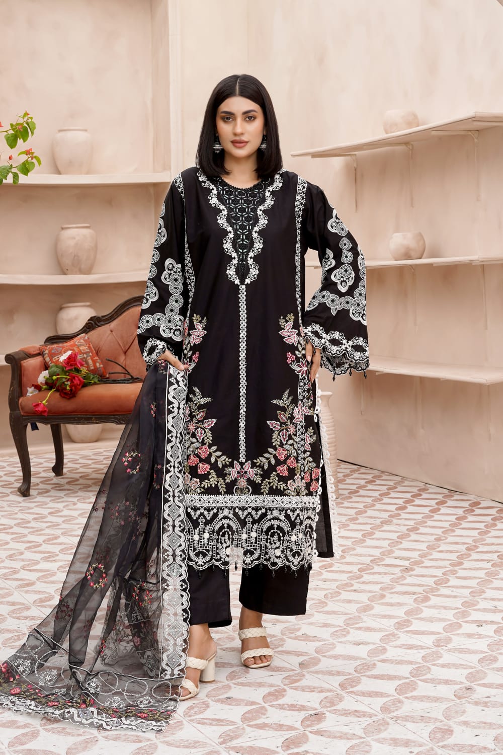Black Schiffli Embroidered Cotton 3-Piece Suit