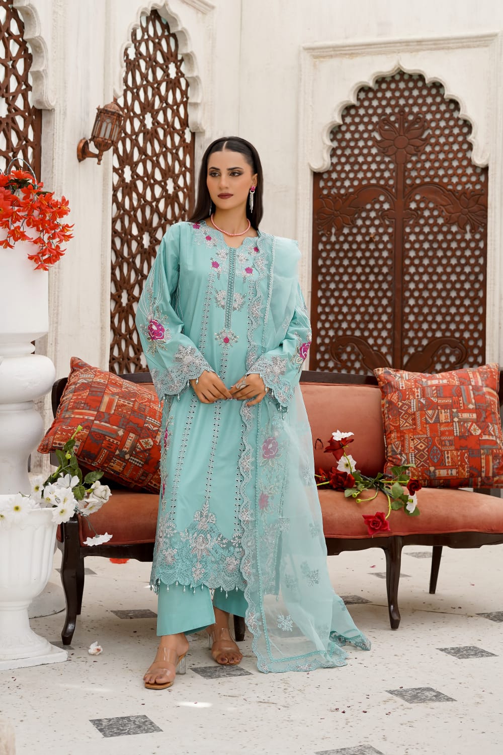 Aqua Blue Embroidered Cotton 3-Piece Suit with Organza Dupatta