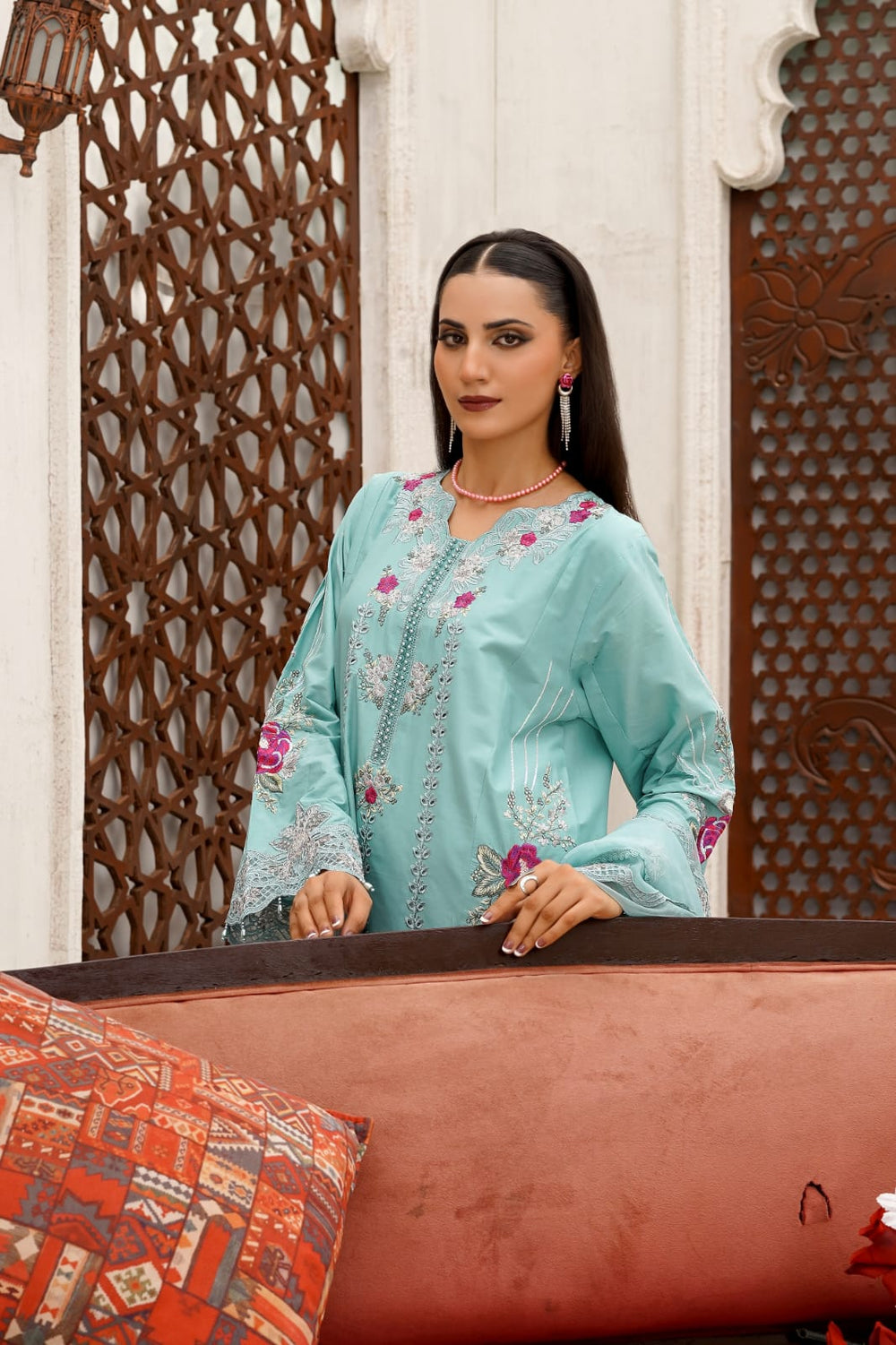 Aqua Blue Embroidered Cotton 3-Piece Suit with Organza Dupatta