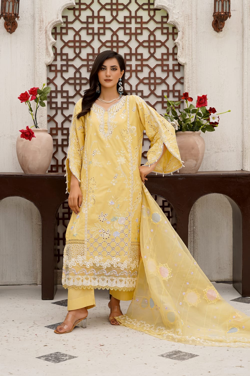 Lemon Yellow Schiffli Embroidered Cotton 3-Piece Suit
