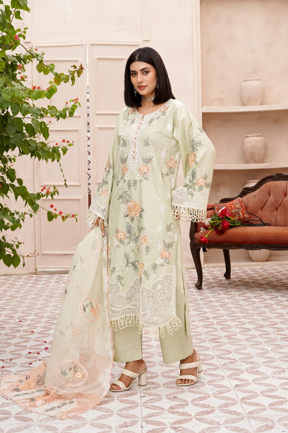 Pistachio Green Floral Embroidered Cotton 3-Piece Suit