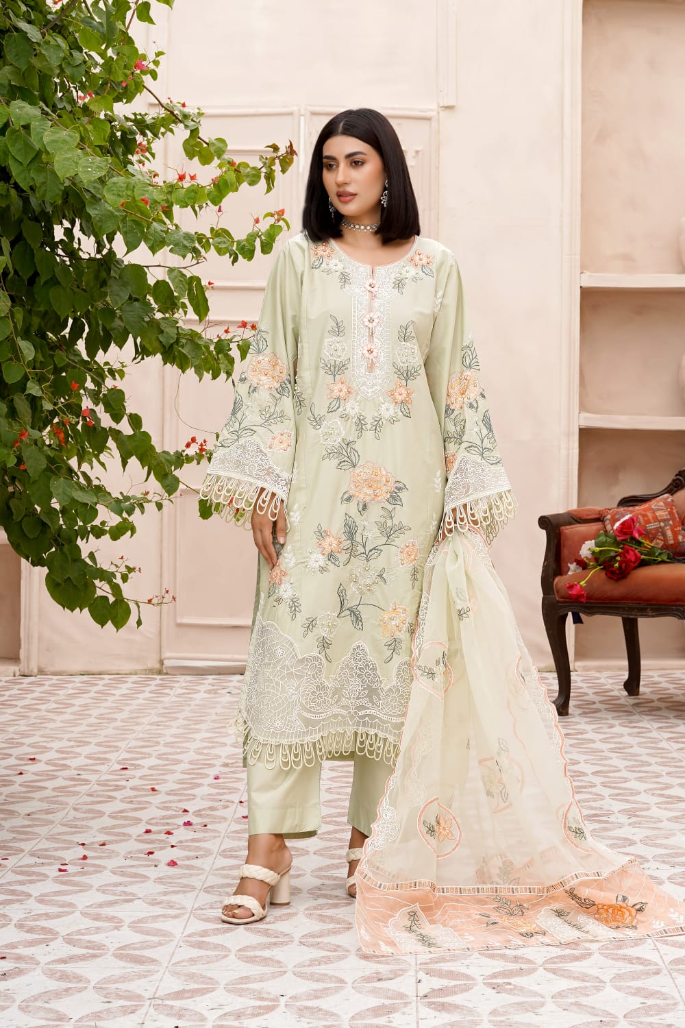 Pistachio Green Floral Embroidered Cotton 3-Piece Suit