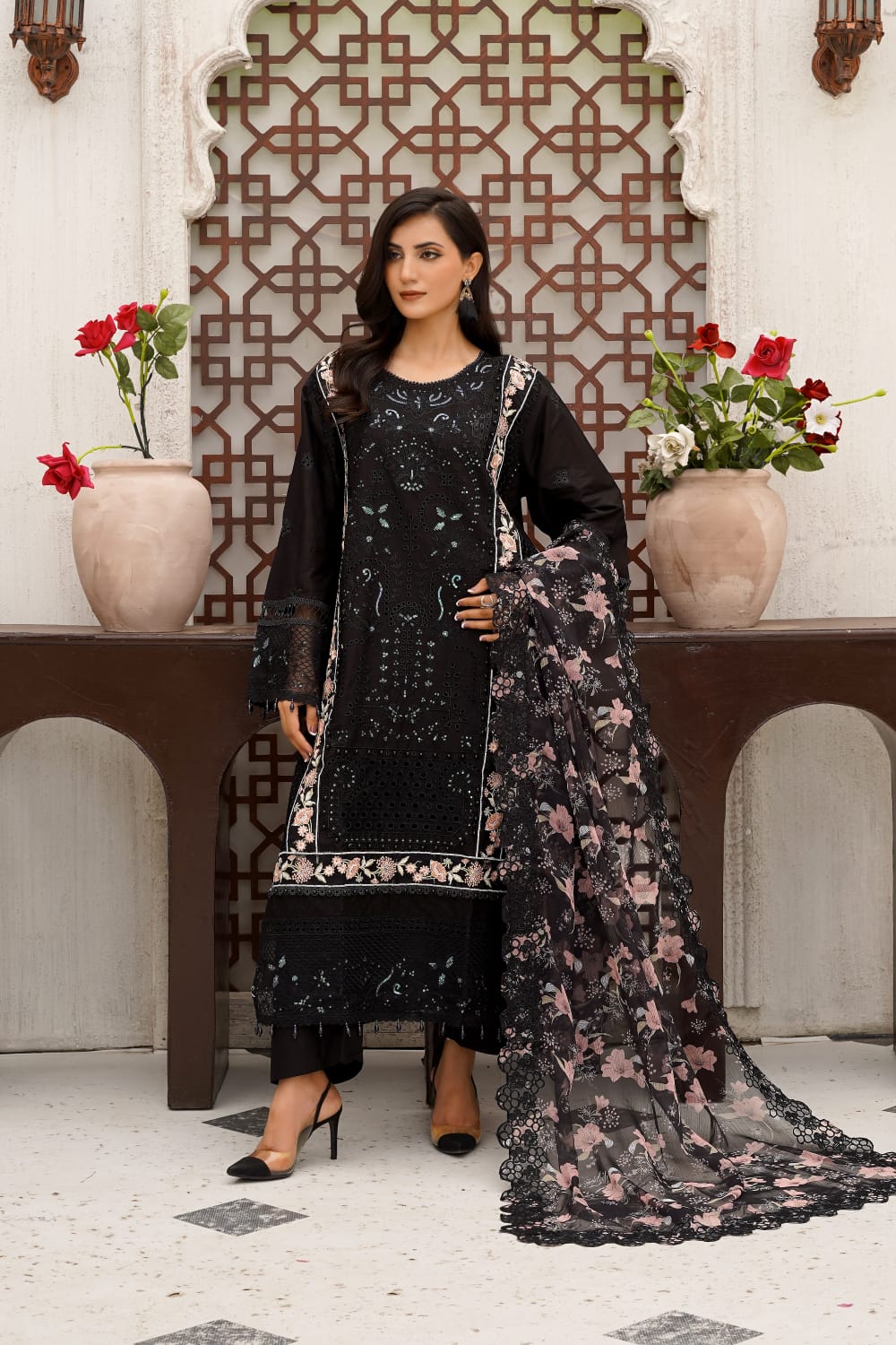 Black Schiffli Embroidered Cotton 3-Piece Suit with Printed Organza Dupatta