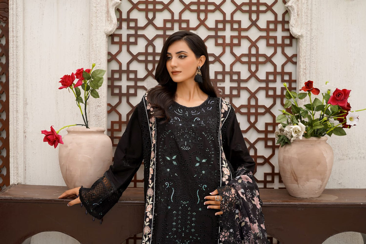 Black Schiffli Embroidered Cotton 3-Piece Suit with Printed Organza Dupatta