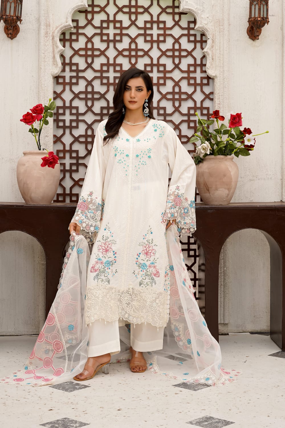 Off-White Pastel Embroidered Cotton 3-Piece Suit with Organza Dupatta