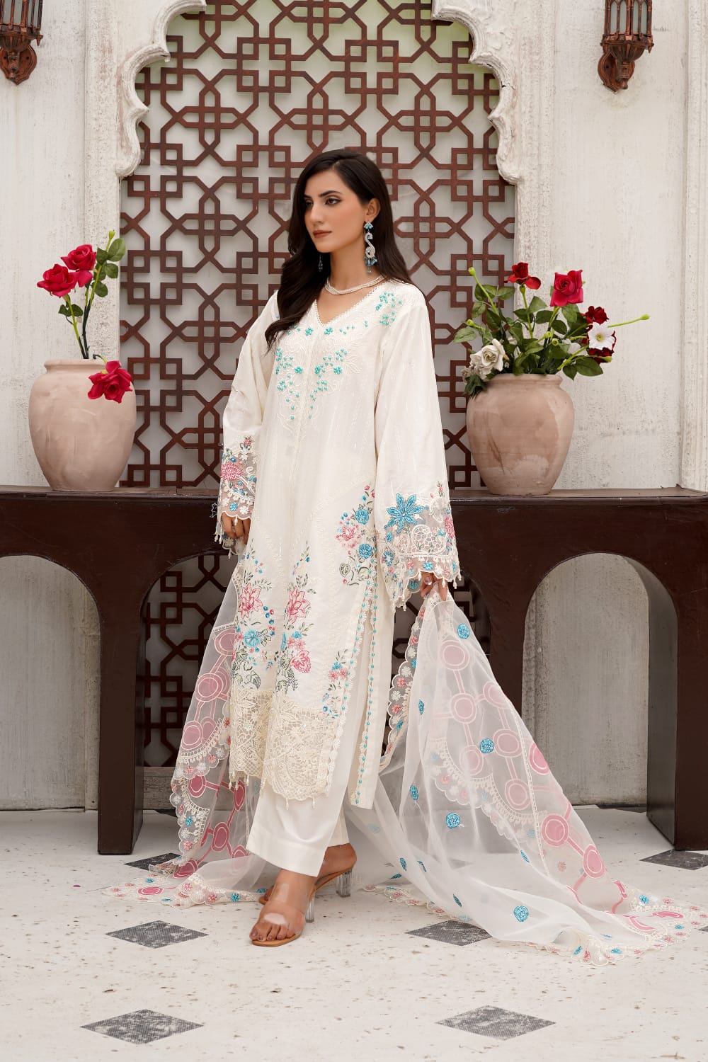 Off-White Pastel Embroidered Cotton 3-Piece Suit with Organza Dupatta