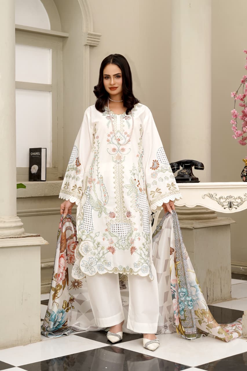 Off-White Floral Embroidered Cotton 3-Piece Suit with Printed Silk Dupatta