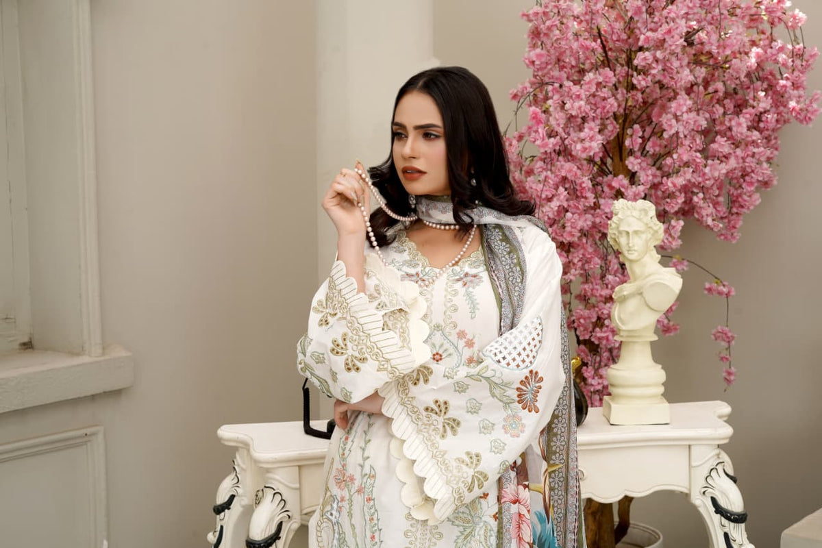 Off-White Floral Embroidered Cotton 3-Piece Suit with Printed Silk Dupatta