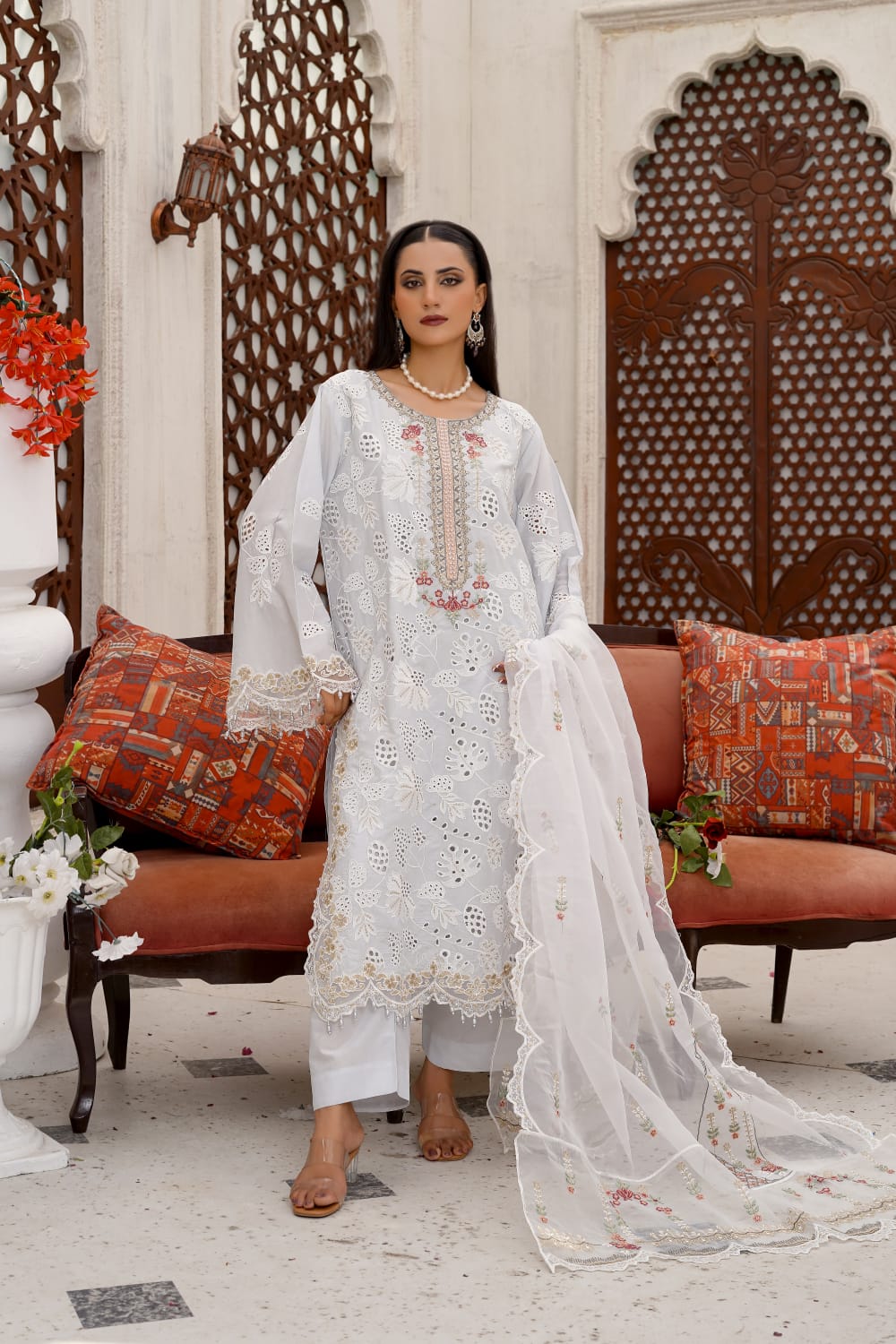 Pure White Schiffli Embroidered Cotton 3-Piece Suit with Organza Dupatta