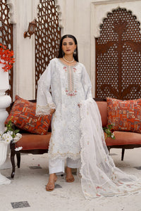 Pure White Schiffli Embroidered Cotton 3-Piece Suit with Organza Dupatta