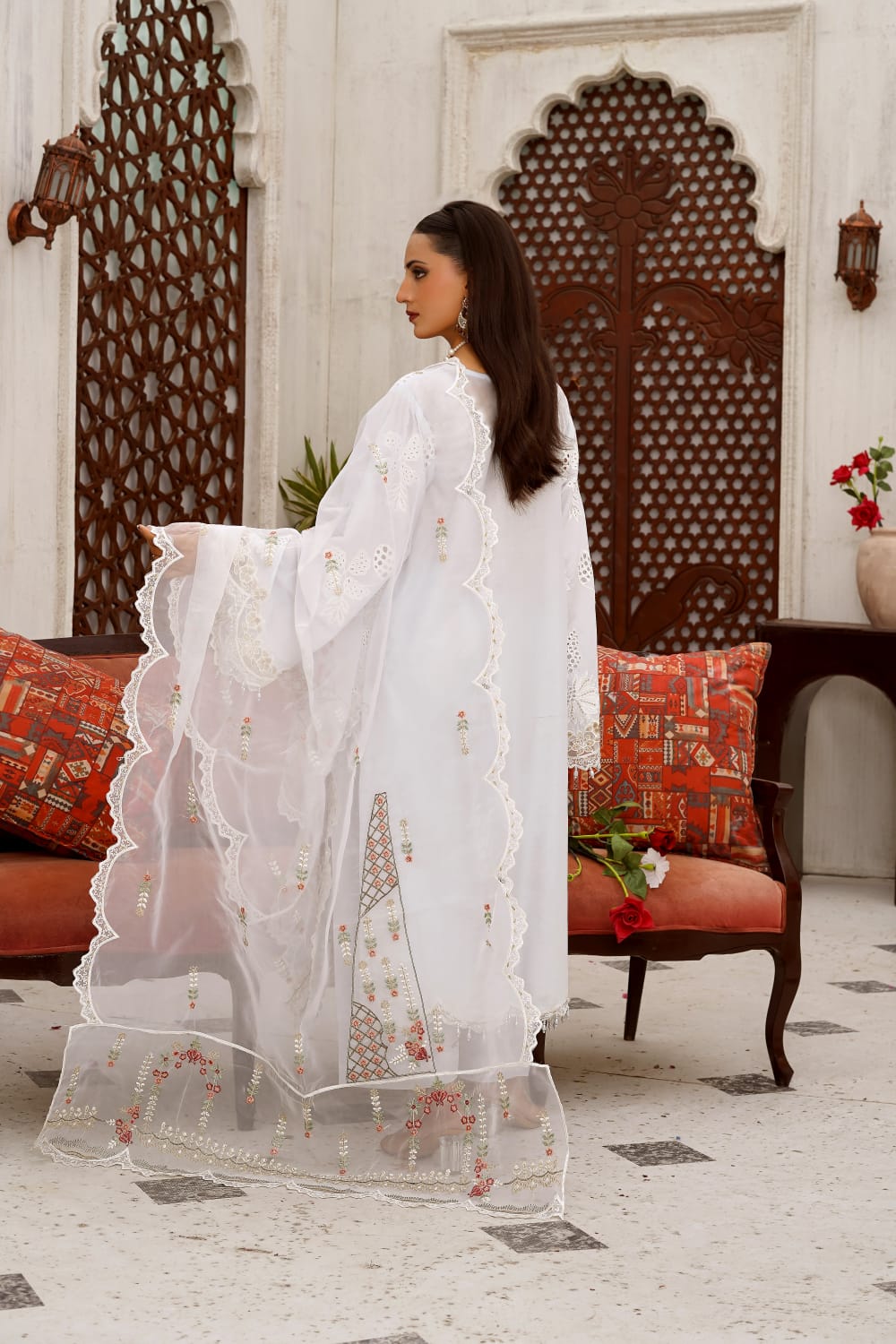 Pure White Schiffli Embroidered Cotton 3-Piece Suit with Organza Dupatta