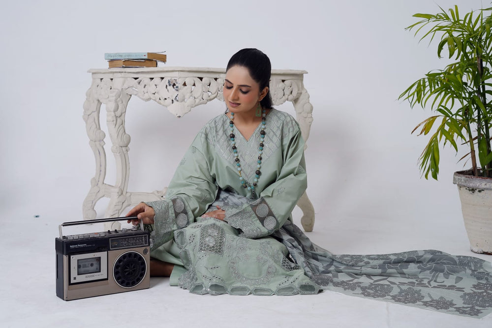 Mint Green Schiffli Cotton 3-Piece Suit with Printed Dupatta