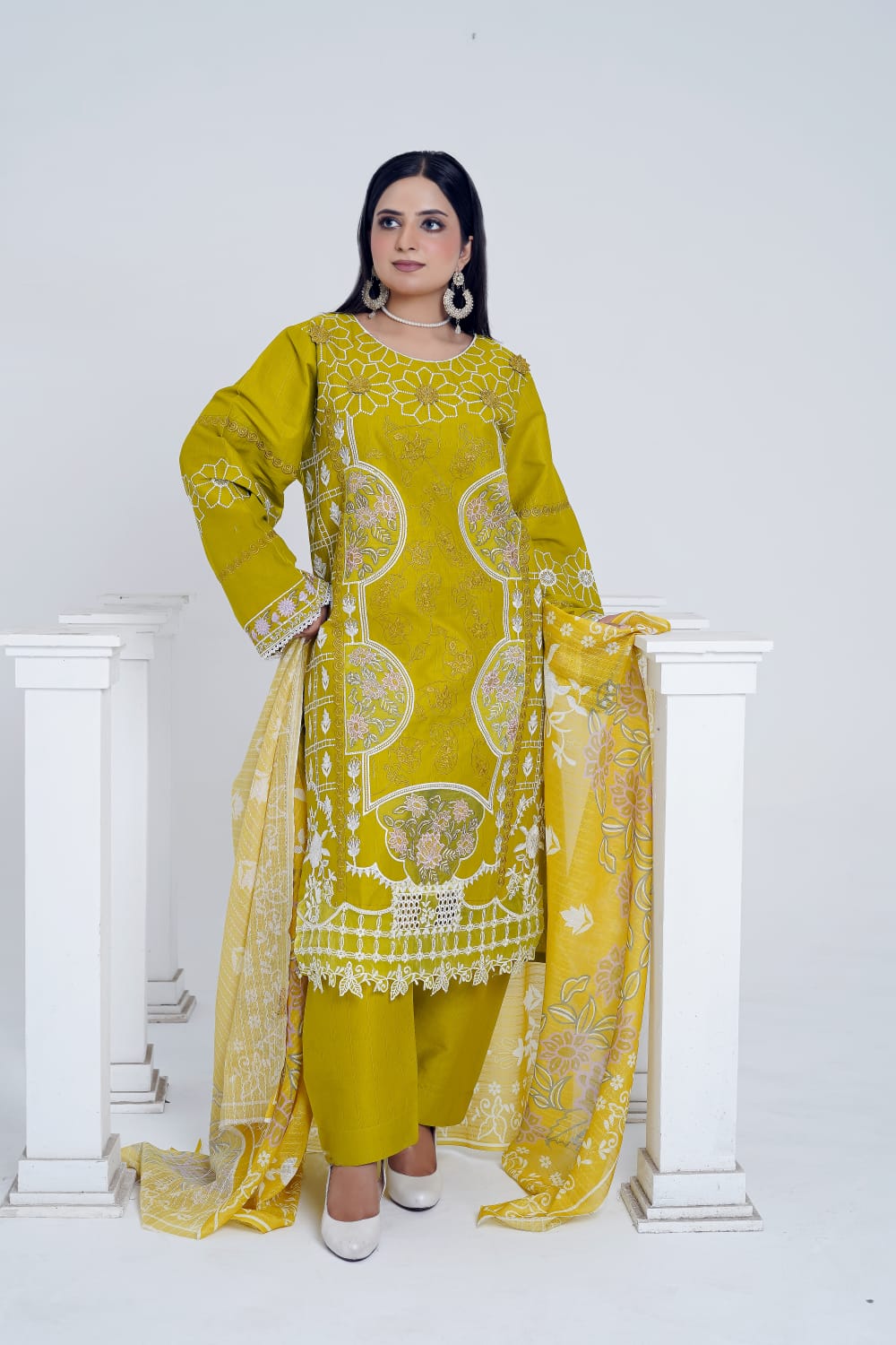 Olive Green Embroidered Cotton 3-Piece Suit with Printed Dupatta