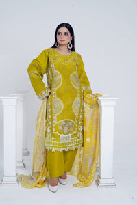Olive Green Embroidered Cotton 3-Piece Suit with Printed Dupatta