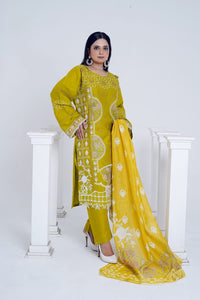 Olive Green Embroidered Cotton 3-Piece Suit with Printed Dupatta