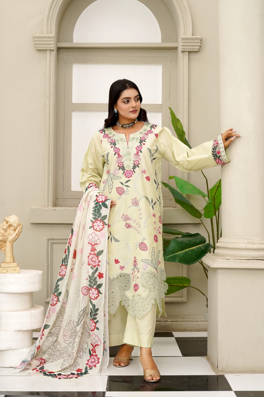 Pale Yellow Botanical Embroidered Cotton 3-Piece Suit