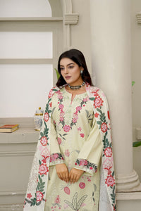 Pale Yellow Botanical Embroidered Cotton 3-Piece Suit