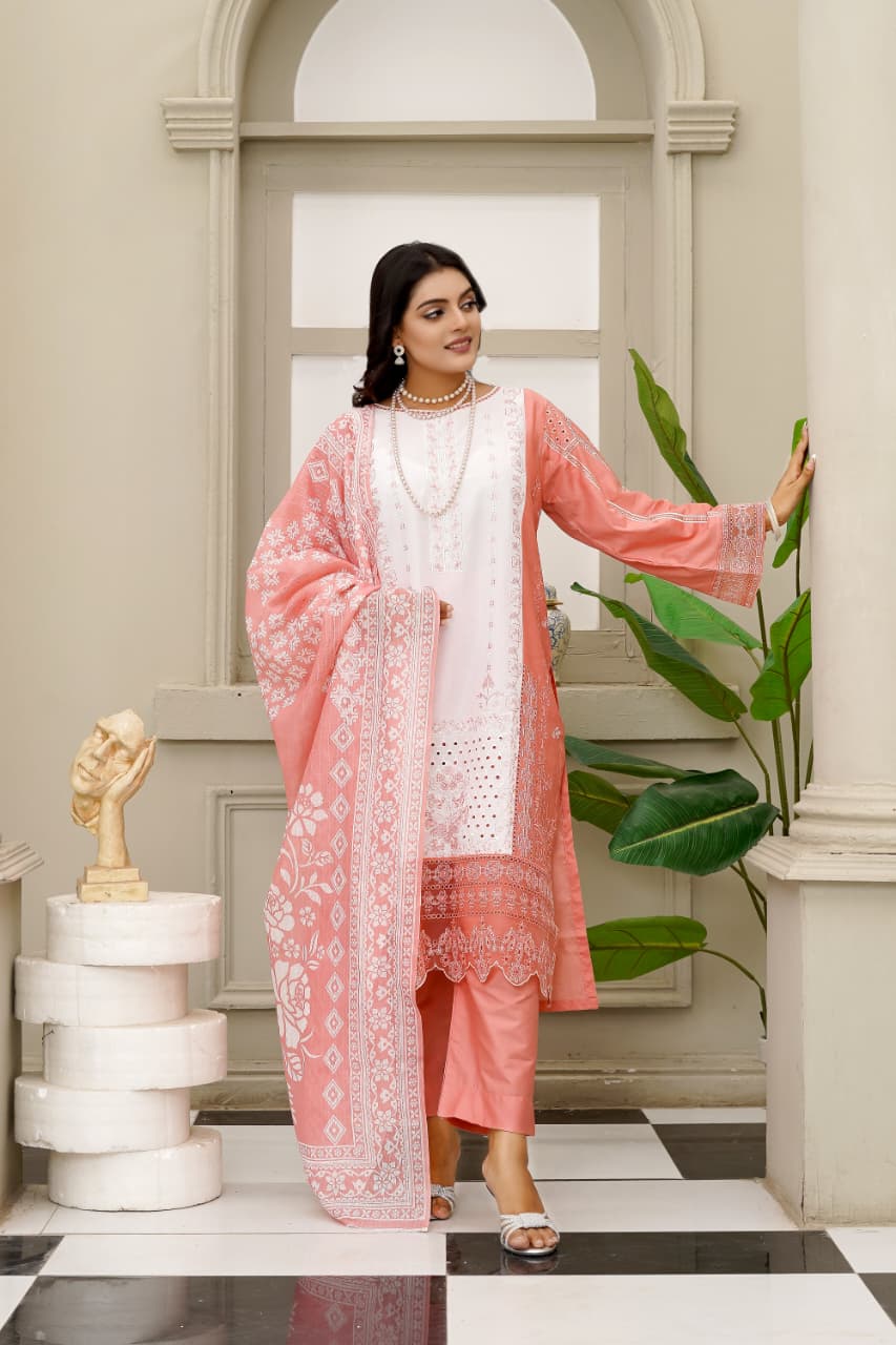 Coral Pink & Off-White Embroidered Cotton 3-Piece Suit