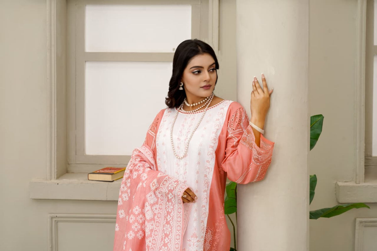 Coral Pink & Off-White Embroidered Cotton 3-Piece Suit