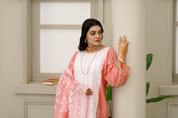 Coral Pink & Off-White Embroidered Cotton 3-Piece Suit