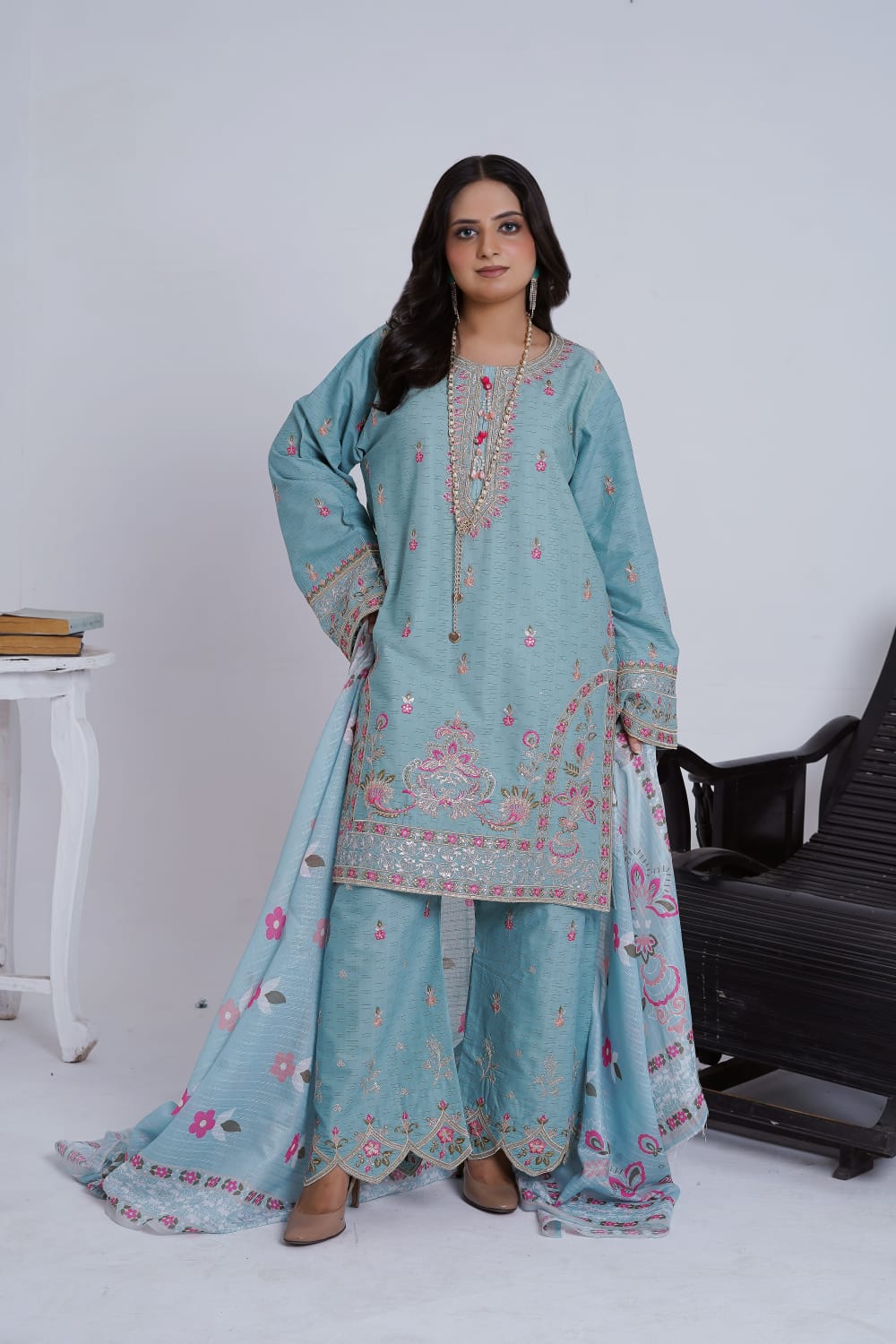 Teal Embroidered Jacquard Cotton 3-Piece Suit