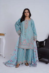 Teal Embroidered Jacquard Cotton 3-Piece Suit