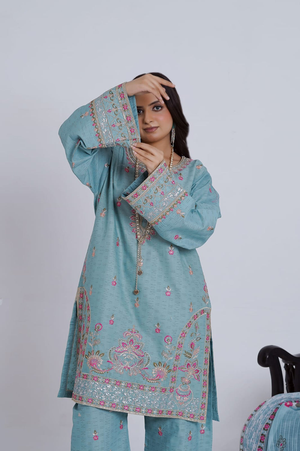 Teal Embroidered Jacquard Cotton 3-Piece Suit