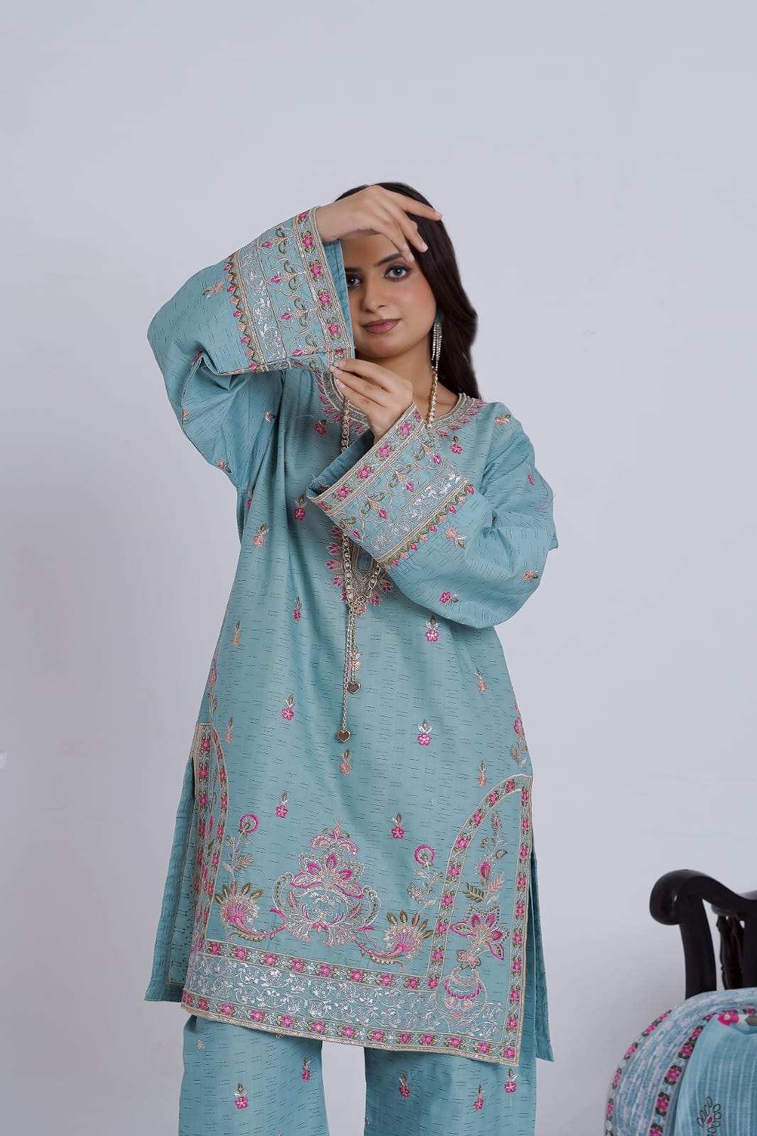 Teal Embroidered Jacquard Cotton 3-Piece Suit