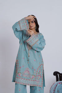 Teal Embroidered Jacquard Cotton 3-Piece Suit