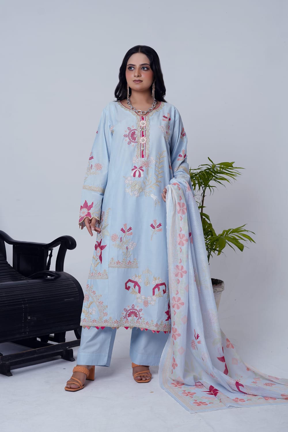 Ice Blue Embroidered Cotton 3-Piece Suit with Printed Dupatta