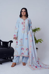 Ice Blue Embroidered Cotton 3-Piece Suit with Printed Dupatta