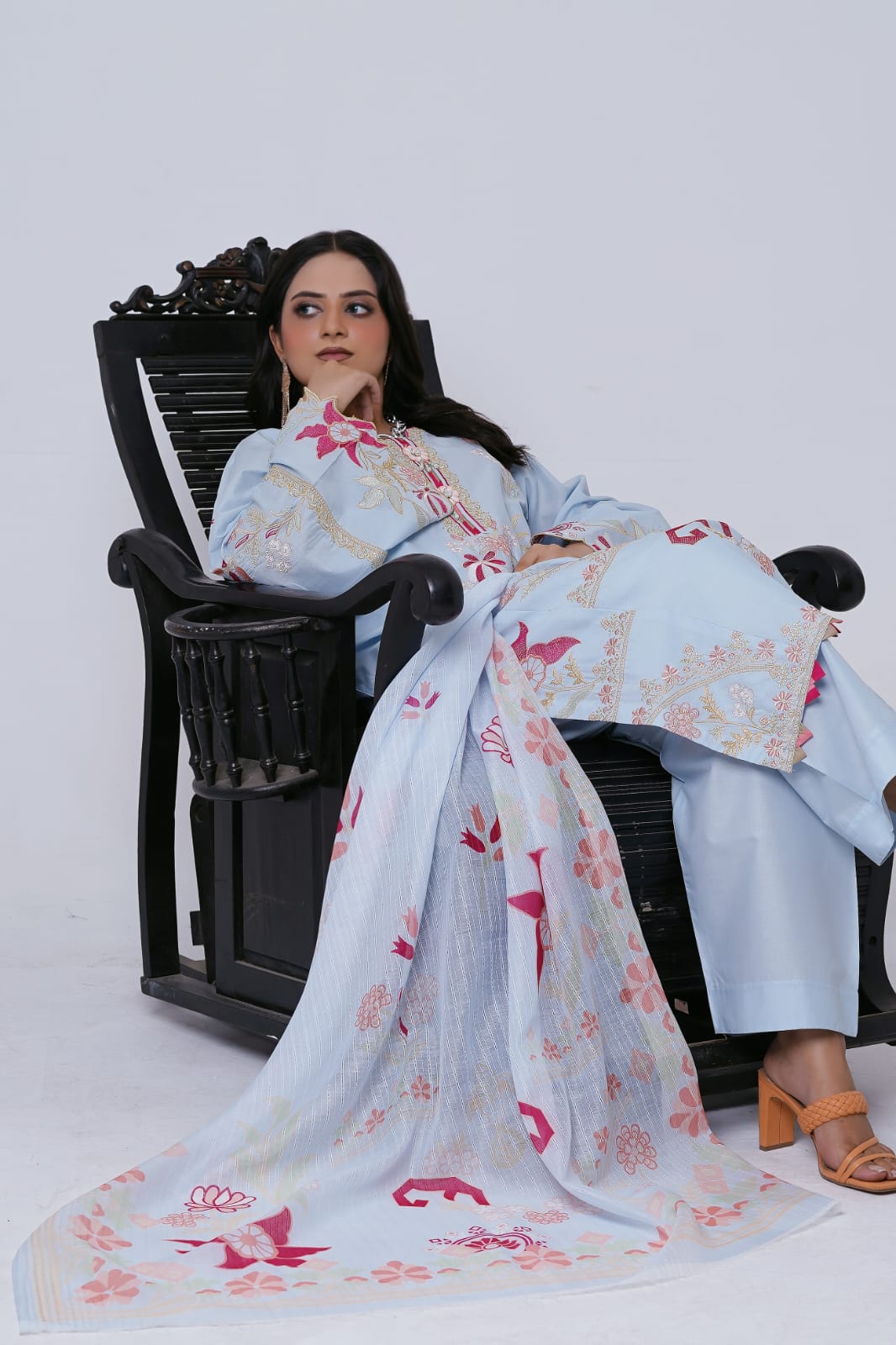 Ice Blue Embroidered Cotton 3-Piece Suit with Printed Dupatta