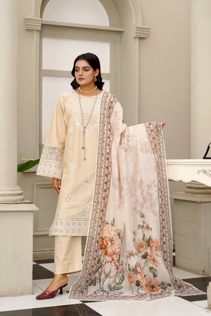 Beige Schiffli Embroidered Cotton 3-Piece Suit